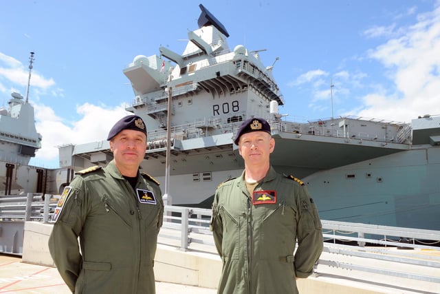 (l-r) Captain James Blackmore, commander of the airgroup on HMS Queen Elizabeth and Commander Mark Sparrow, the commanding officer of 617 Squadron. Picture: (020720-889)