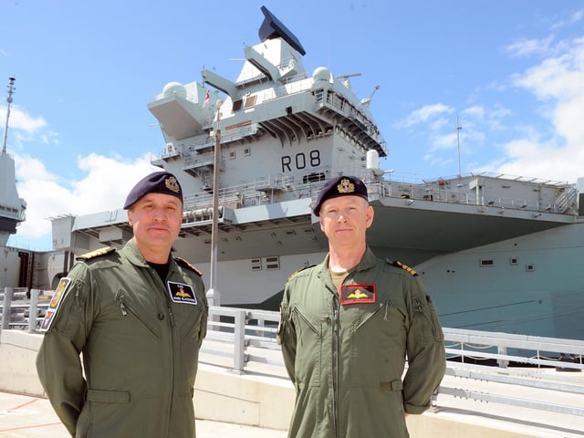 (l-r) Captain James Blackmore, commander of the airgroup on HMS Queen Elizabeth and Commander Mark Sparrow, the commanding officer of 617 Squadron. Picture: (020720-889)