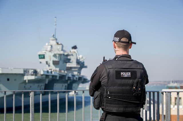 Police presence at the Round Tower in Old Portsmouth as HMS Prince of Wales returned home.