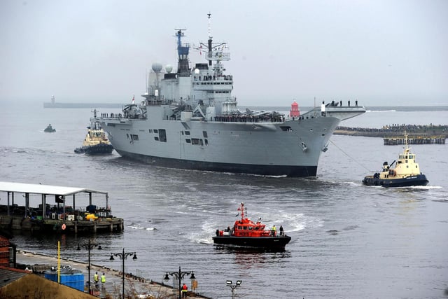 The Ark Royal arrives on the River Tyne for the last time before she is decommissioned. Her farewell voyage took her around the north of Scotland, before she made the short journey down the north east coast of England and into Newcastle, where she was built by Swan Hunters at Wallsend. November 19, 2010. Picture: Owen Humphreys/PA Wire