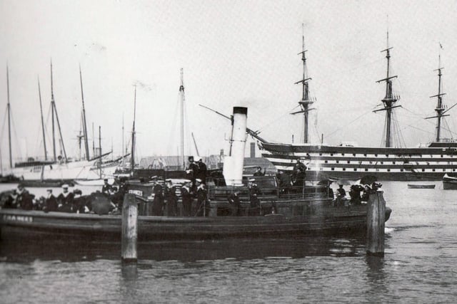 Gosport ferry Frances pictured in 1900, with HMS Victory in the background
