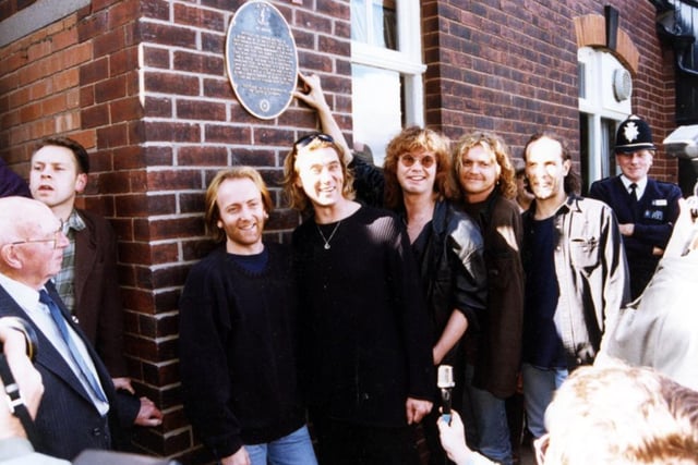 Def Leppard unveiling a plaque at Crookes Working Mens Club, on Mulehouse Road, Sheffield, in 1995.