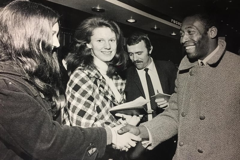Fans wait to greet Pele at Hallam Tower Hotel for a special reception in Sheffield following his side's friendly at Hillsborough 
