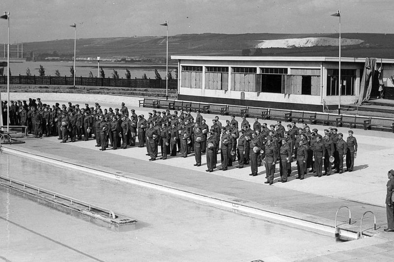 Members of the Royal Army Ordnance Corps parade at the lido about 1946