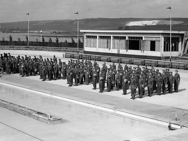 Members of the Royal Army Ordnance Corps parade at the lido about 1946