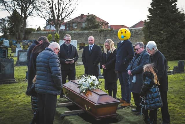 Part of a series, this photograph explores how much we rely on emojis to communicate how we feel. Pete says he wanted to see what this would look like if it was represented literally and he is pictured as a vicar. An emoji is among the mourners.