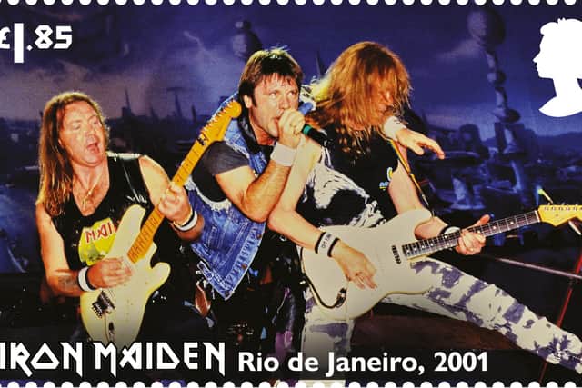 Bruce Dickinson with Dave Murray and Janick Gers in Rio de Janeiro, January 2001, on the £1.85 stamp