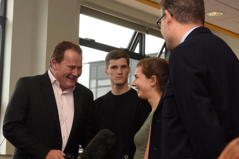Sky News reporter Frazer Maude talks to pupils on A-level results day at Silverdale School in 2018