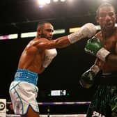 Kid Galahad puts the pressure on Claudio Marrero in their final eliminator for the IBF featherweight title. Picture: Dave Thompson