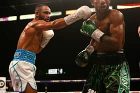 Kid Galahad puts the pressure on Claudio Marrero in their final eliminator for the IBF featherweight title. Picture: Dave Thompson
