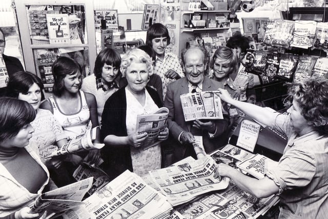 A busy newsagents shop in Crookes, Sheffield in 1976