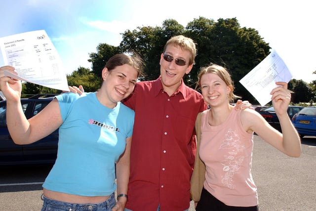 Fiona Smith, Rob Granger and Kin Foster(all 18) celebrate great results in their A Levels at St Vincent College in Gosport 2003. PICTURE:STEVE REID(034052-56)