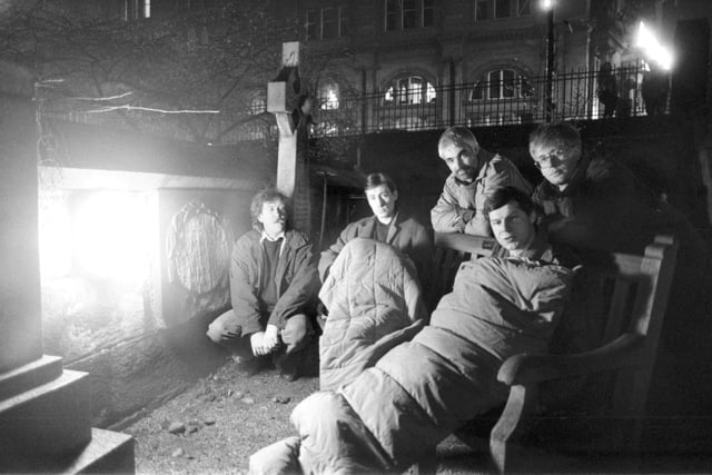 Singer Dick Gaughan, organiser Donald Elliott, Alistair Darling, Nigel Griffiths and Mark Lazarowicz, preparing to spend a cold night 'sleep out' in an Edinburgh graveyard to highlight the growing number of homeless people in the Capital in December 1990.