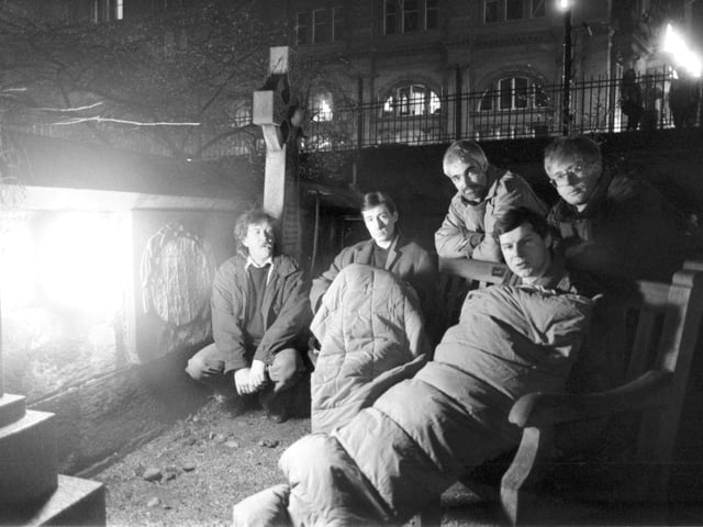 Singer Dick Gaughan, organiser Donald Elliott, Alistair Darling, Nigel Griffiths and Mark Lazarowicz, preparing to spend a cold night 'sleep out' in an Edinburgh graveyard to highlight the growing number of homeless people in the Capital in December 1990.