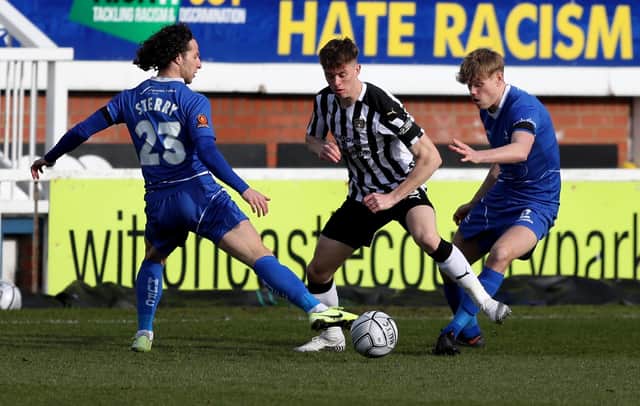 Jamie Sterry and Lewis Cass of Hartlepool United and Jimmy Knowles of Notts County during the Vanarama National League match between Hartlepool United and Notts County at Victoria Park, Hartlepool on Saturday 10th April 2021. (Credit: Chris Booth | MI News)