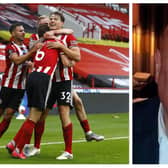 Sheffield United's stadium announcer Gary Sinclair and (left) players celebrating the Blades' opening goal against Tottenham (pic: Jason Cairnduff/NMC Pool/PA Wire)