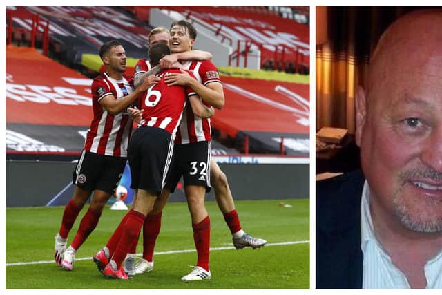 Sheffield United's stadium announcer Gary Sinclair and (left) players celebrating the Blades' opening goal against Tottenham (pic: Jason Cairnduff/NMC Pool/PA Wire)