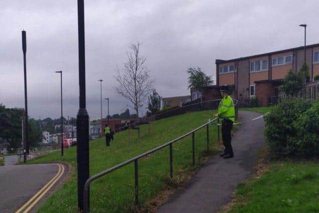 Police officers on Kenninghall Road, Arbourthorne, Sheffield, after a gun was fired last night.