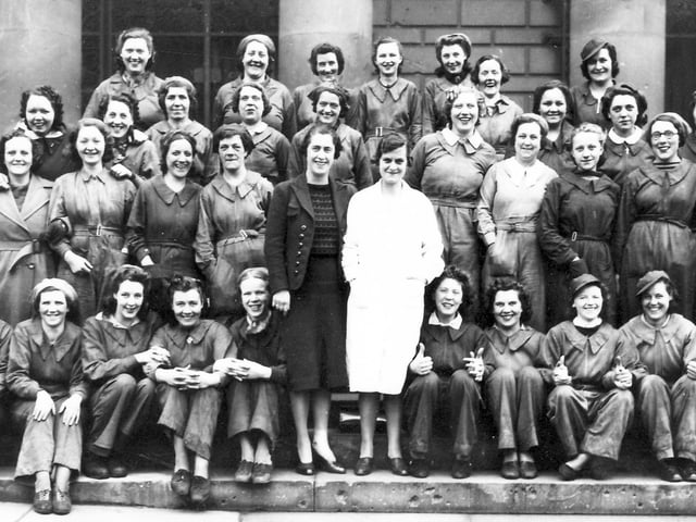 Sheila Bland submitted this picture of her mother, Clara Burnand (second row down, 5th from left), who worked as a crane driver at English Steel Corporation, Sheffield, during the war