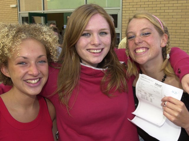 Pictured at Tapton school, Sheffield, where students were receiving their A-level results in 2002, are Sarah Elliott, Anna Williams and Olivia Stocker.