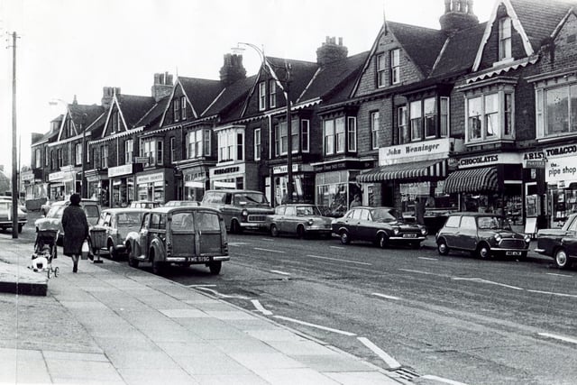 Just some of the shops at Banner Cross, Sheffield, including the Pipe Shop, the Shoe Store and a chocolate shop, March 1974