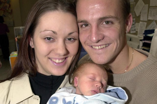 United reserve team player Lee Thompson  with his girlfriend, Gemma Errat and their baby, Declan Sebastian, pictured at the Sheffield Childrens Hospital in March 2002
