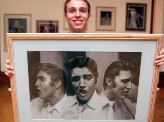In 1999 the Doncaster Museum was showing this painting of Elvis by Malcolm Stead. Here is Joe Clark holding one of the pieces.