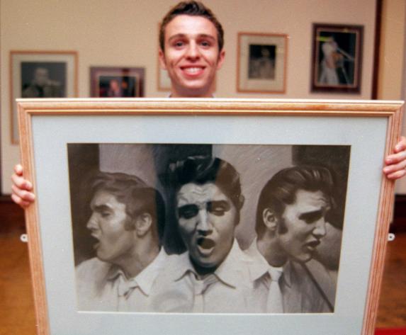 In 1999 the Doncaster Museum was showing this painting of Elvis by Malcolm Stead. Here is Joe Clark holding one of the pieces.