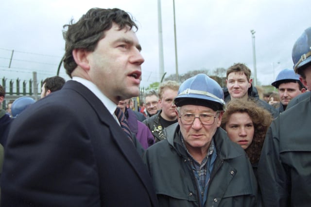 Gordon Brown, then Shadow minister for Trade and Industry, speaks to workers at Rosyth Naval dockyard in Fife, protesting at a threat to close the facility, January 1993.