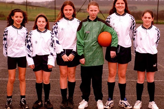Hinde House School girls football team February 1997. Left to right: Jenny Butterworth (11), Leanne Severns (12), Lucy Strutt (12), Michelle Helliwell (12), Melissa O Maison (12), Courtney Nadin (11)