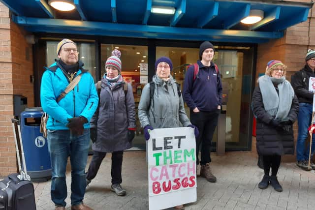 Protesters at a rally called by the campaign Better Buses for South Yorkshire outside the South Yorkshire Mayoral Combined Authority office in Sheffield city centre