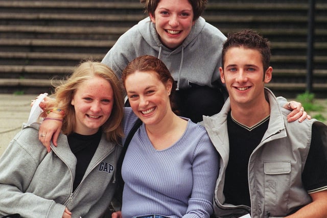 Tapton School pupils Nancy Purdey, Laura Biggin, Rebecca Heller and Phil Gosney celebrating after all getting the results they needed in their A levels in 1999