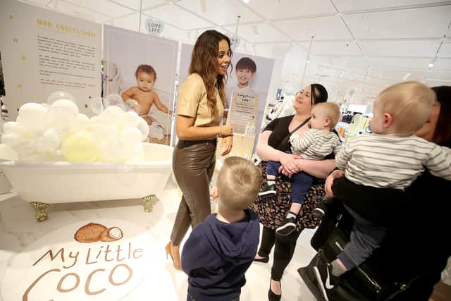 Rochelle Humes with fans in Sheffield. (Photo by Nigel Roddis/Getty Images for Boots).