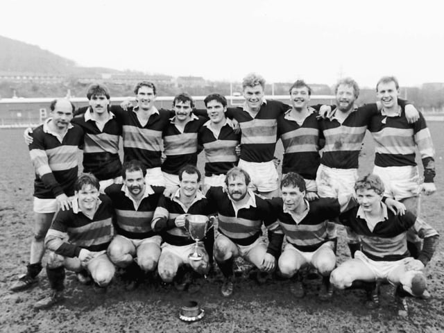 Hawick Harlequins celebrate winning the Border District League in 1986.