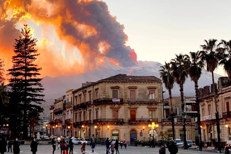 Mount Etna, Europe's most active volcano, spews ash and lava, as seen from Catania, southern Italy, on Tuesday, February 16, 2021. (Davide Anastasi/LaPresse via AP)