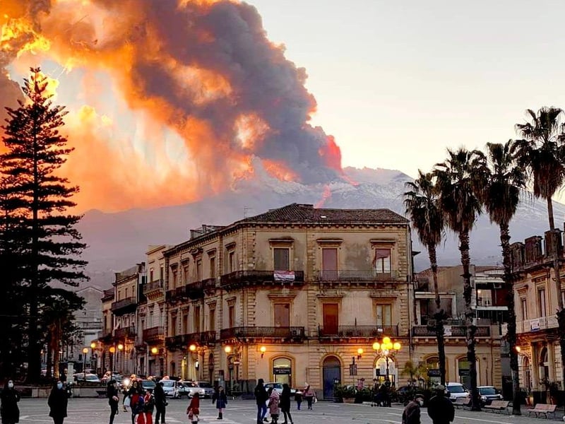 Mount Etna, Europe's most active volcano, spews ash and lava, as seen from Catania, southern Italy, on Tuesday, February 16, 2021. (Davide Anastasi/LaPresse via AP)