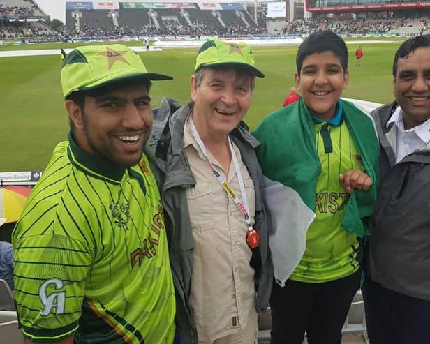 Shaffaq Mohammed's two sons Sohail and Adil alongside Coun Roger Davision at an England Test match