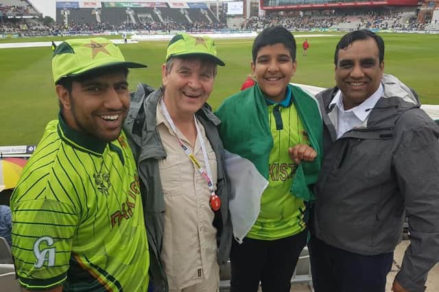 Shaffaq Mohammed's two sons Sohail and Adil alongside Coun Roger Davision at an England Test match