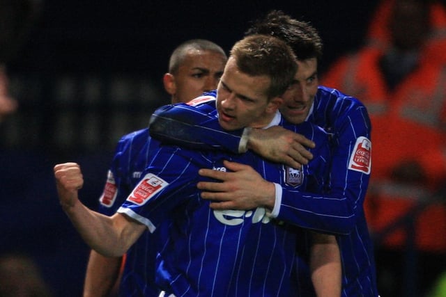 Jordan Rhodes celebrating his first ever senior goal - the equaliser for Ipswich against Cardiff in April 2008.  (Photo by Jamie McDonald/Getty Images)