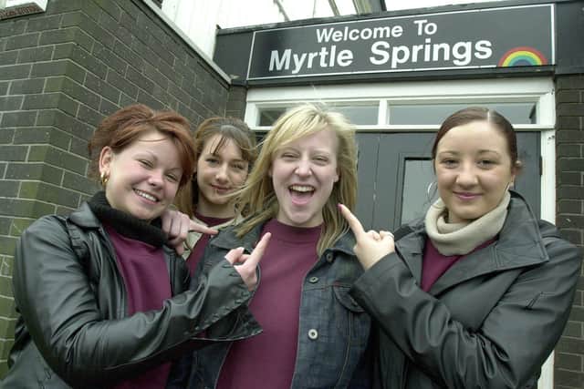 Linsday Dracass with friends at Myrtle Springs School in Sheffield ahead of her Eurovision performance in 2001 (pic: Stuart Hastings)