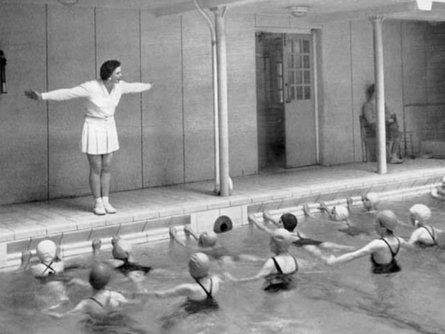 School children during a swimming lesson at Glossop Road Ladies' Bath in Sheffield in the late 50s or early 60s