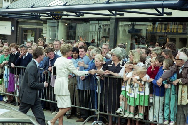 Princess Diana meets the gathered crowds when she visits the Sheffield Cutlers Hall, July 16, 1991