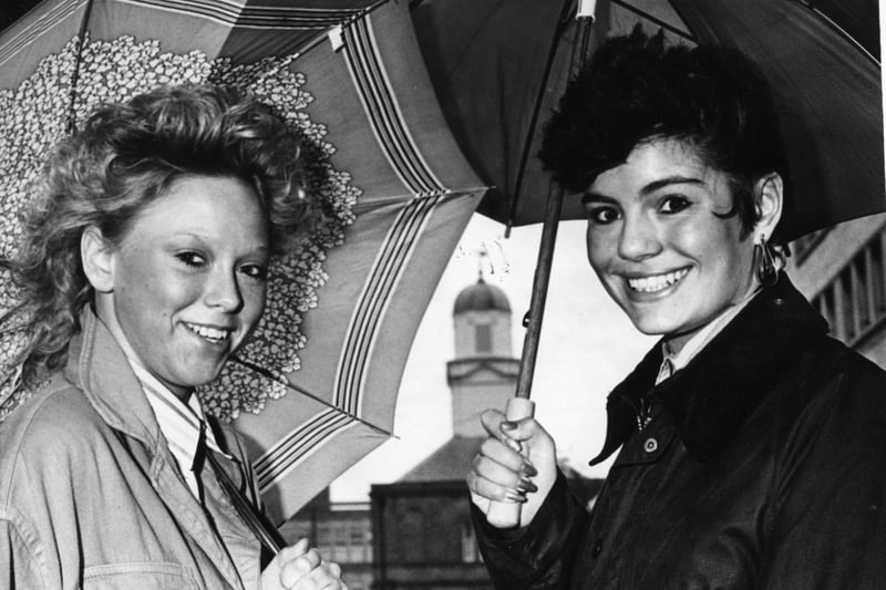 Smiling despite the rain were King Street shop assistants, Tracy Price, left and Diane Holmes, both of South Shields. But which year was this?