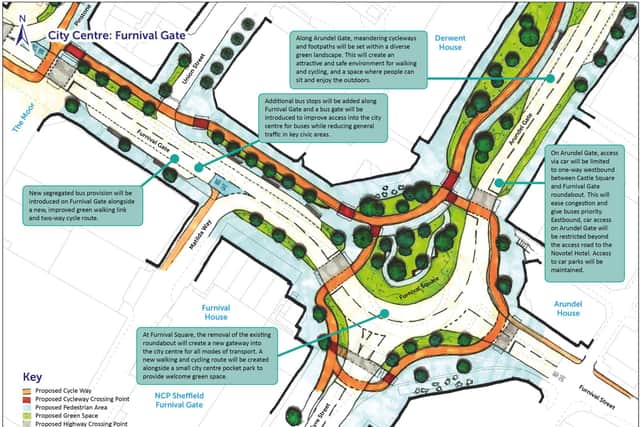 Furnival Square will be partly closed and become a 'pocket park' while a section of Arundel Gate will become one-way, with a lane replaced by bike lane.