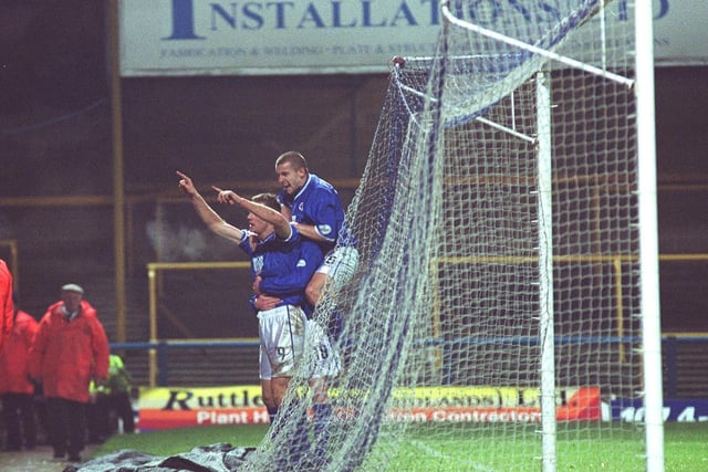 David Reeves is delighted after scoring a penalty against QPR in  December 2001.