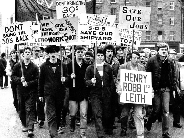 The entire workforce (850 people) of Henry Robb shipyard, threatened with more than 400 redundancies, marched through Leith on April 8 1983, to raise public support for their fight to save jobs.