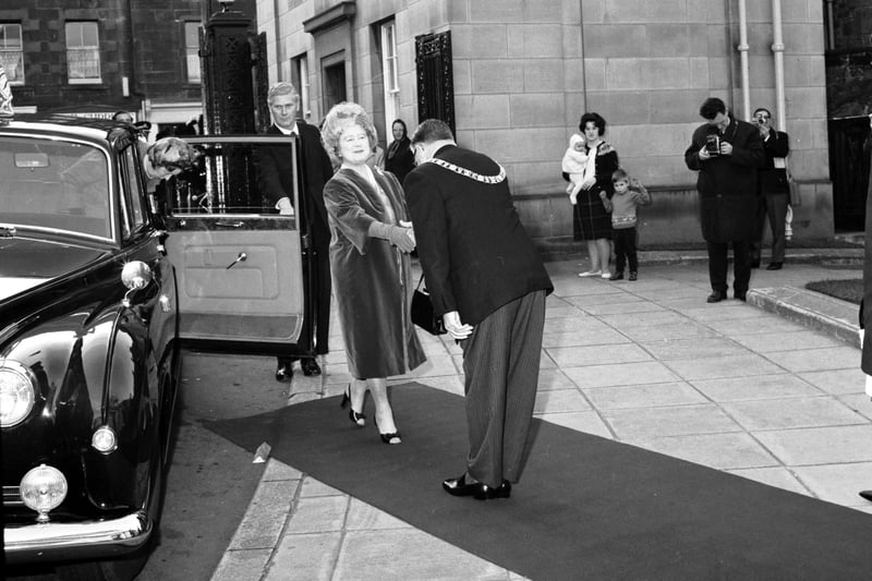 Lord Provost Herbert Brechin greets the Queen Mother at Leith Town Hall in October 1966.