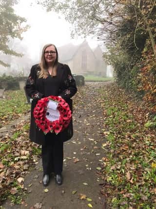 Skegby  – Councillor Caroline Wilkinson presents the wreath on behalf of the Council in Skegby. Picture: Ashfield District Council