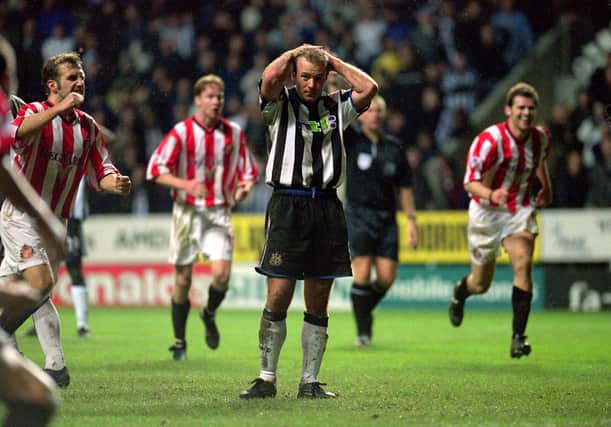 18 Nov 2000:  Alan Shearer of Newcastle United looks on in despair after missing from the penalty spot during the FA Carling Premiership match against Sunderland played at St James Park, in Newcastle, England. Sunderland won the match 2-1