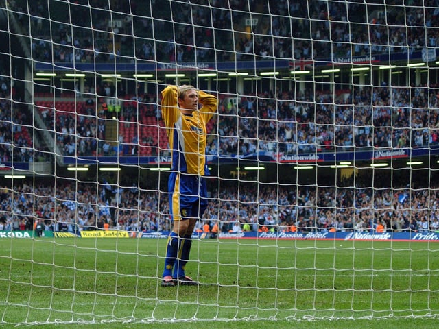 Anguish as Stags star man Liam Lawrence misses his penalty kick.